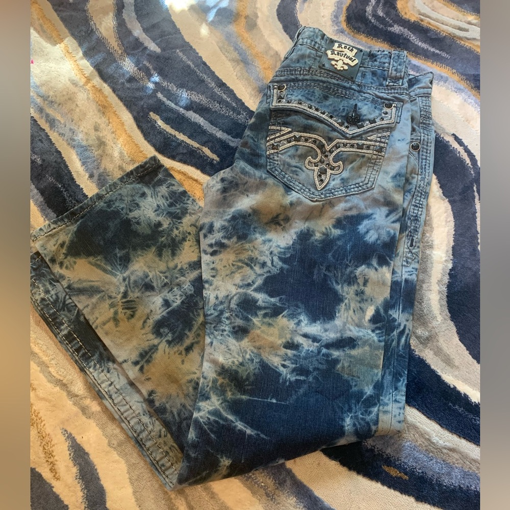Rock Revival Blue and Tan Tie-Dye Flare Jeans